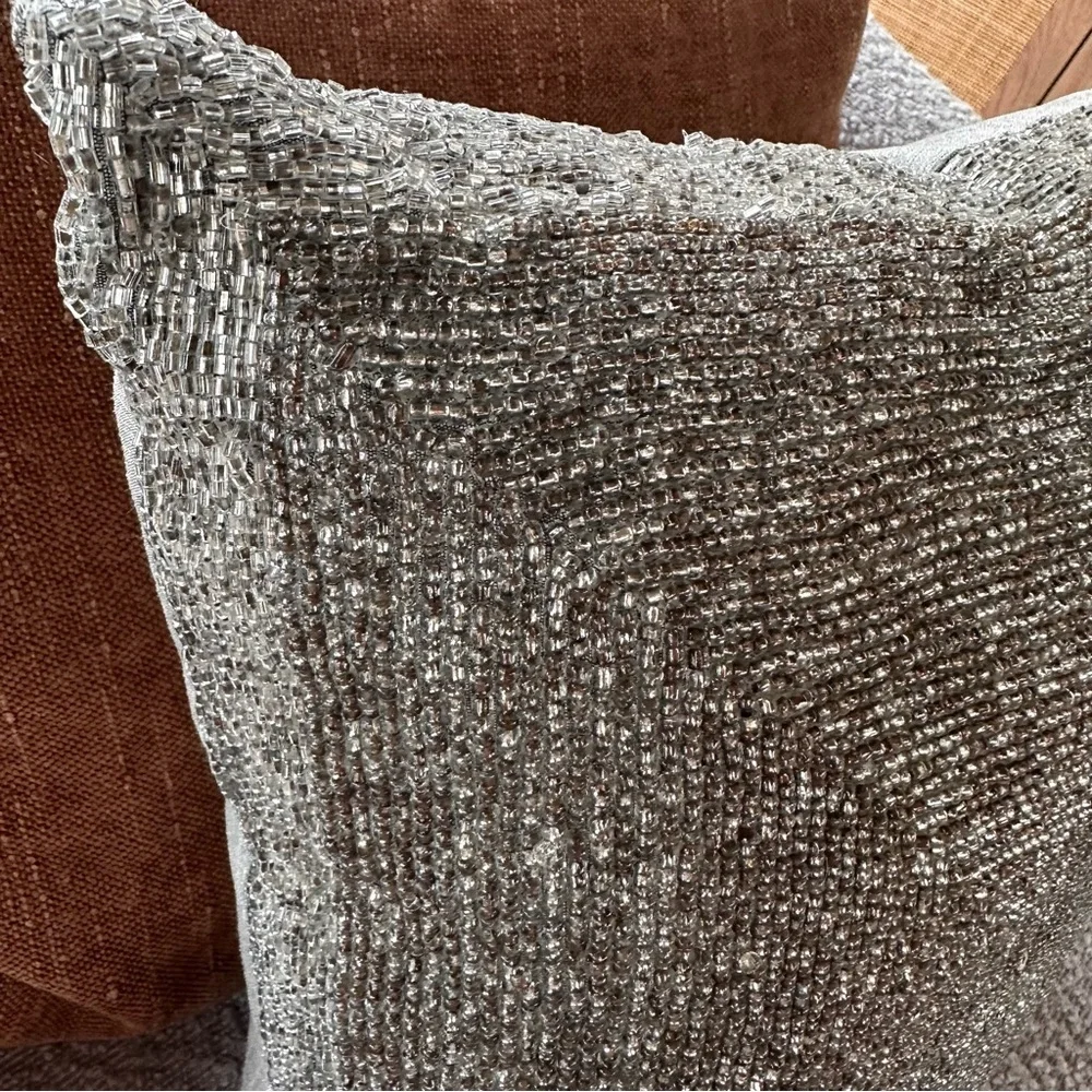 Silver Hand Beaded Silk Decorative Throw Pillow Modern 13 x 13 Square Zippered